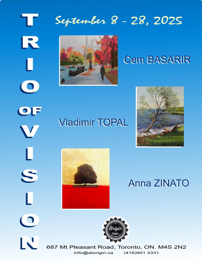 Trio of Vision — group art exhibition at At Origin Coffee gallery, Mount Pleasant, Toronto, September 2025