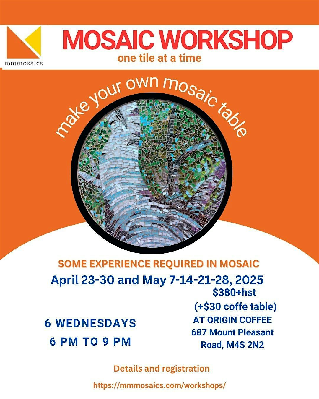 Mosaic coffee table workshop in progress at At Origin Coffee, Mount Pleasant, Toronto